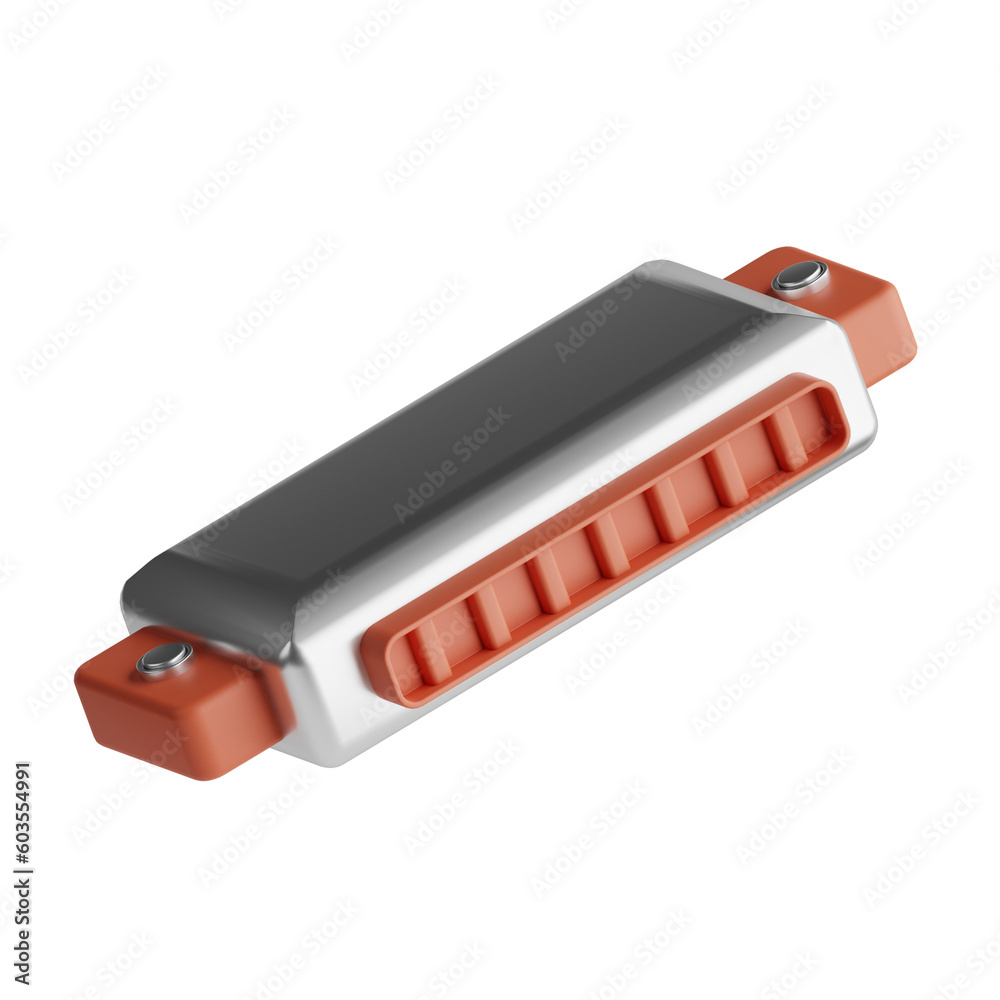 A 3D illustration of a harmonica, a small wind instrument played by inhaling and exhaling through reeds A 3D illustration of a harmonica, a small wind instrument played by inhaling and exhaling through reeds