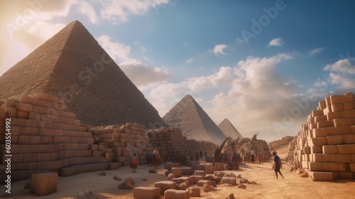 Ancient Egypt building the Pyramids, Egyptian workers drag blocks to their placement on the pyramid, the Great Pyramid at Giza was built by Snefru's son, Khufu. Generative AI photo