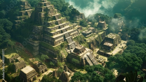 Ancient Mesoamerican city of the Mayan and Aztec, pyramid in jungle, ancient civilization of the Maya with stone temple complex, Generative AI photo
