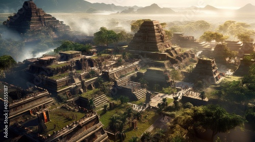 Ancient Mesoamerican city of the Mayan and Aztec, pyramid in jungle, ancient civilization of the Maya with stone temple complex, Generative AI photo