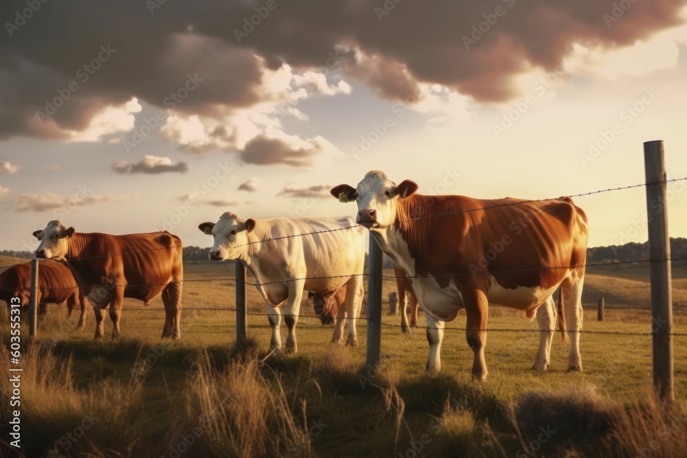 A serene and peaceful view of cows grazing on a natural green pasture, surrounded by the beauty of the countryside. The perfect symbol of relaxation, tranquility, and sustainability. AI Generative.