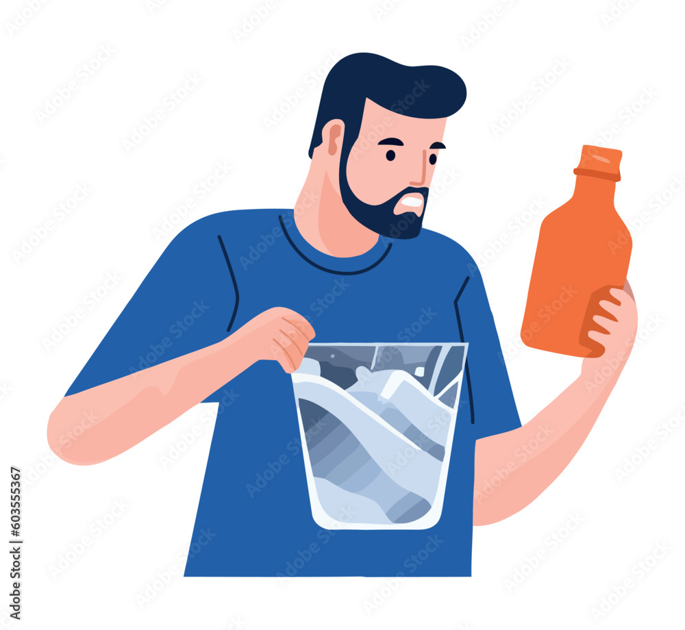 man holding a drink and bucket
