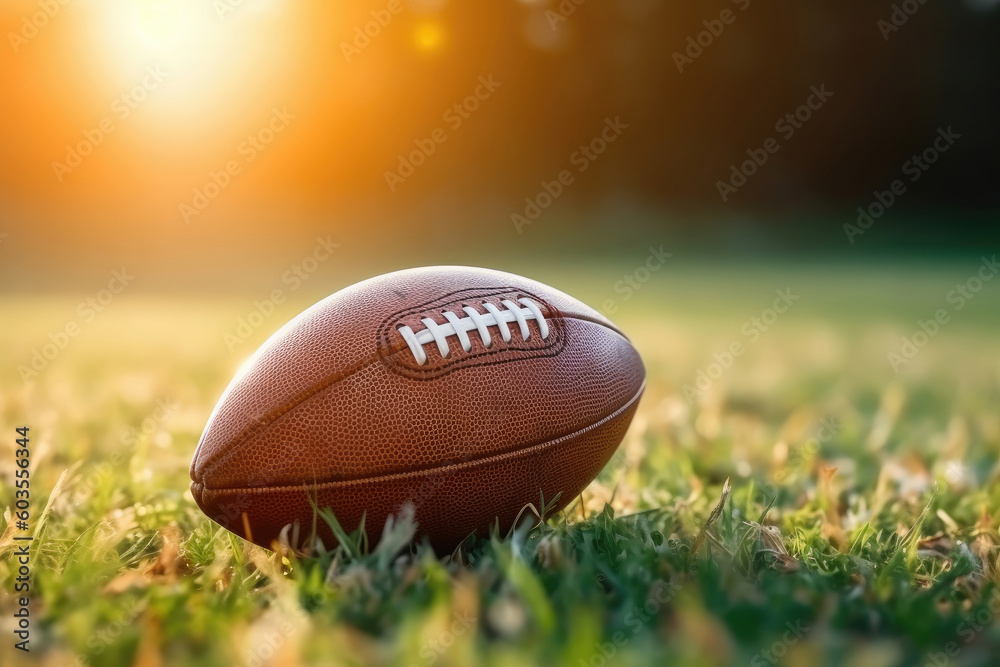 Close-up of american football ball on the field in grass, Generative AI Close-up of american football ball on the field in grass, Generative AI