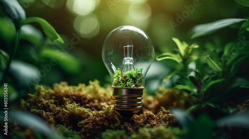 Environmental protection, energy sources. Plant growing in the bulb concept. Generative AI