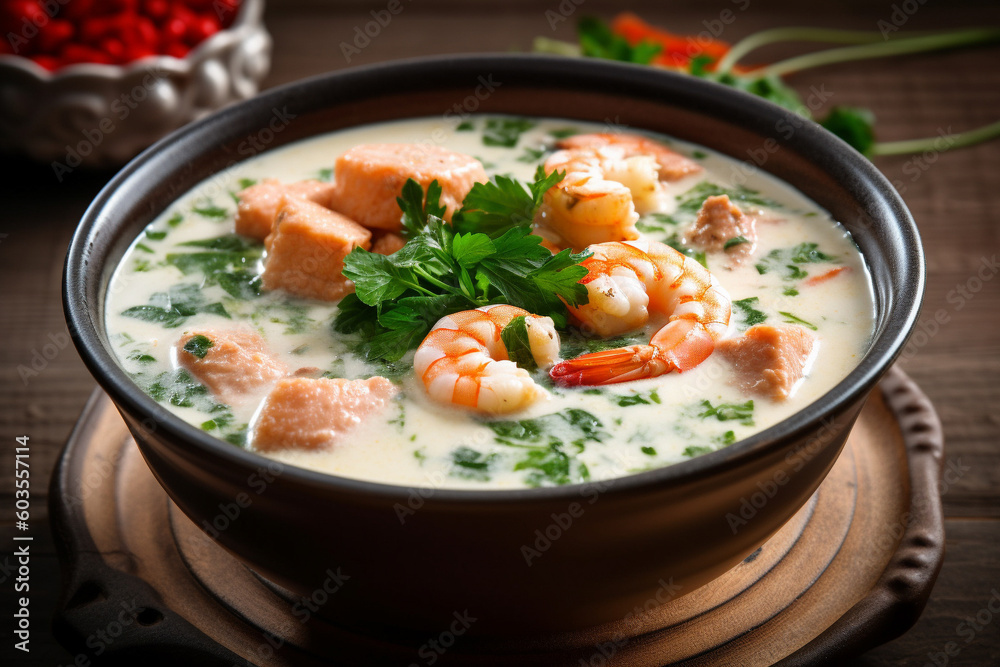 Delicious creamy hearty fish soup with shrimps