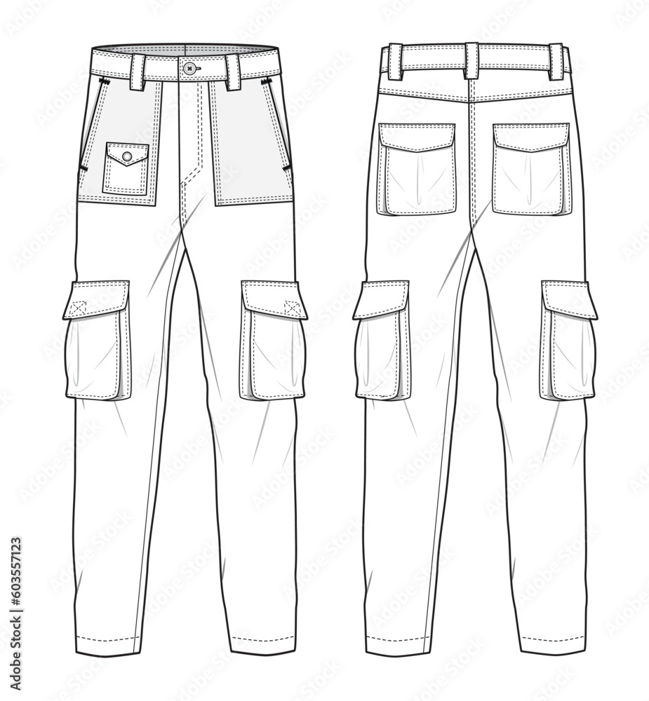 Men's cargo pant front and back view flat sketch vector illustration