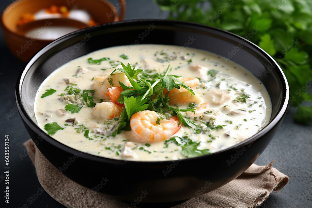 Delicious creamy hearty fish soup with shrimps Delicious creamy hearty fish soup with shrimps
