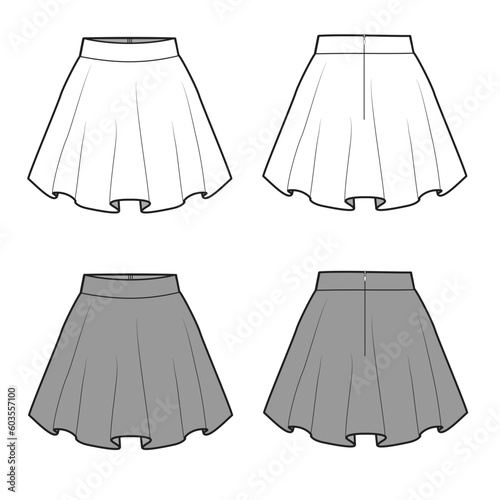 Skater skirt front and back view flat sketch vector template