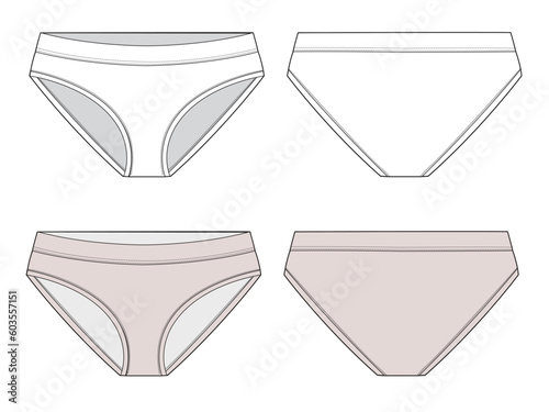 Full briefs front and back view flat drawing vector illustration mockup template