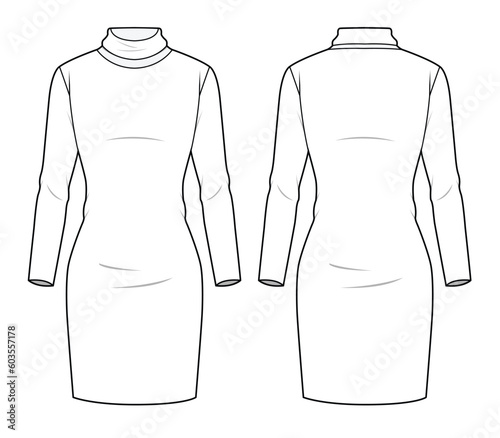 Women's turtle neck long sleeve bodycon midi dress front and back view flat drawing vector template
