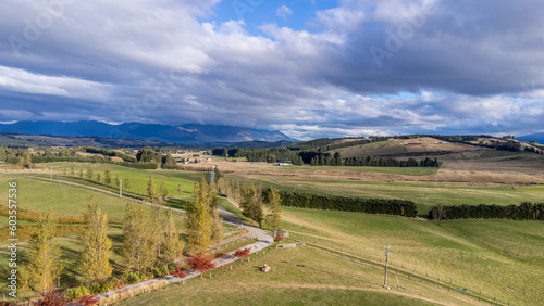 Aerial (drone) photo of sheep farm in Te Anau, New Zealand