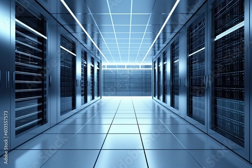 modern data center with rows of servers and network equipment Generative AI