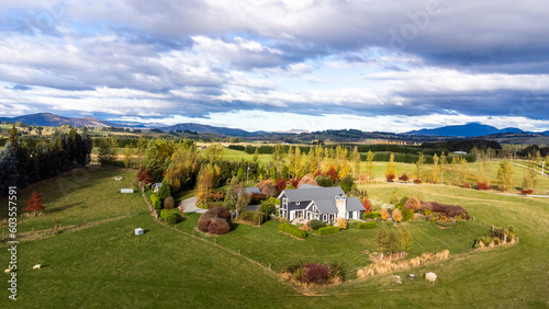Aerial (drone) photo of sheep farm in Te Anau, New Zealand