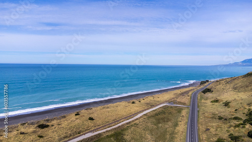 Aerial  drone  photo of black sand beach  south island  new zealand