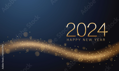 2024 New year with Abstract shiny color gold wave design element and glitter effect on dark background. For Calendar, poster design