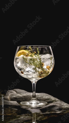 studio photoshot of Gin and tonic on a rocky background created with Generative AI technology