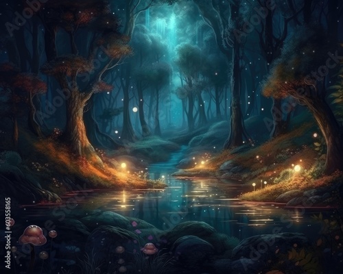 The forest at night is a magical fantasy fairy tale scenery. (Generative AI)