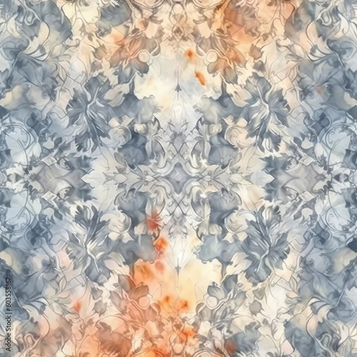 A watercolor pattern was created using light greyish orange and dark desaturated greyish blue colors. (Generative AI)