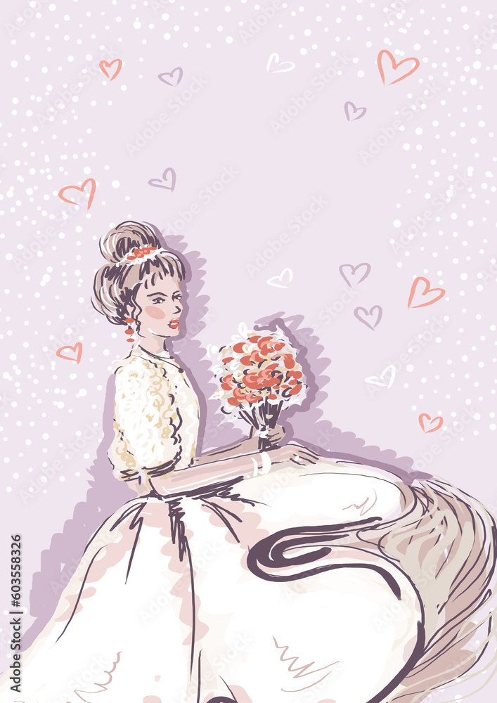 The bride with a bouquet of flowers on multicolored background with heart. Watercolor Greeting card with a wedding day or wedding anniversary