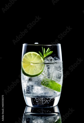 glass of Gin and tonic on black endless background created with Generative AI technology