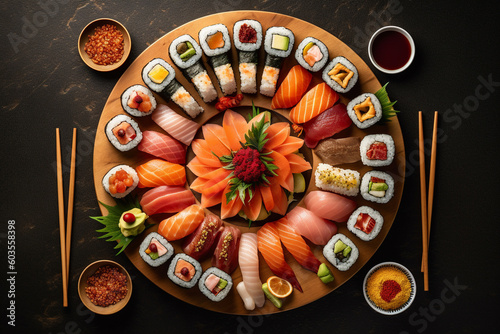 Delicious sushi platter with maki, nigiri, sashimi