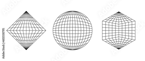 Wireframe shapes. Sphere, prism, octahedron net. Geometric grid frame elements set. Outline graphic design collection. Vector photo