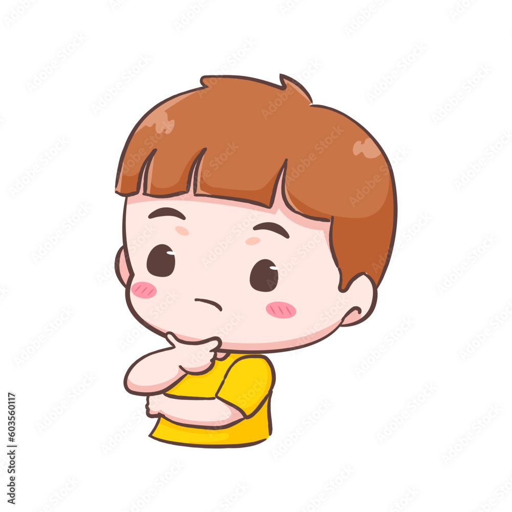 Cute kid boy thinking cartoon character. People expression concept design. Isolated background. Vector art illustration. Cute kid boy thinking cartoon character. People expression concept design. Isolated background. Vector art illustration.