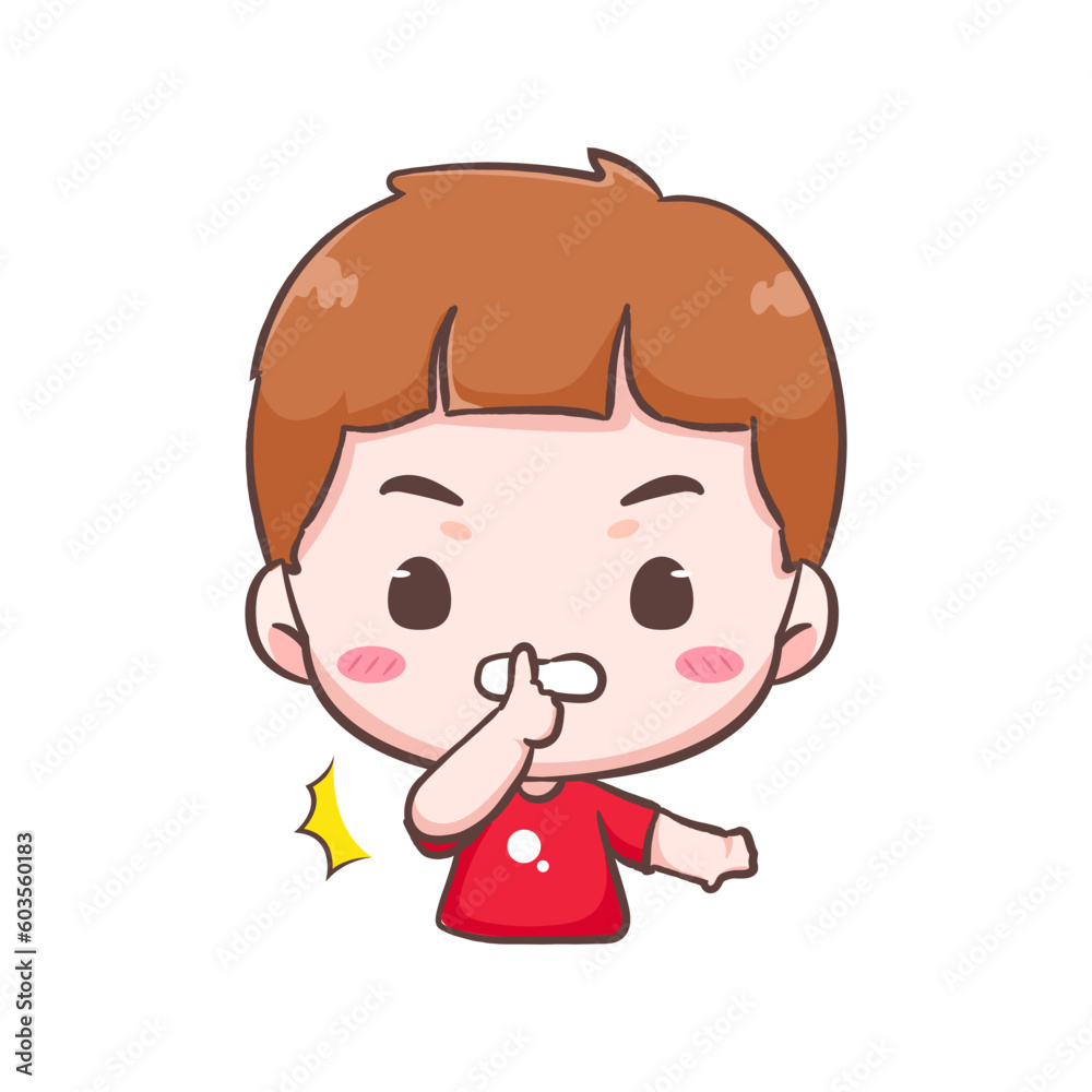 Cute kid boy show close mouth with finger pose cartoon character. People expression concept design. Isolated background. Vector art illustration. Cute kid boy show close mouth with finger pose cartoon character. People expression concept design. Isolated background. Vector art illustration.