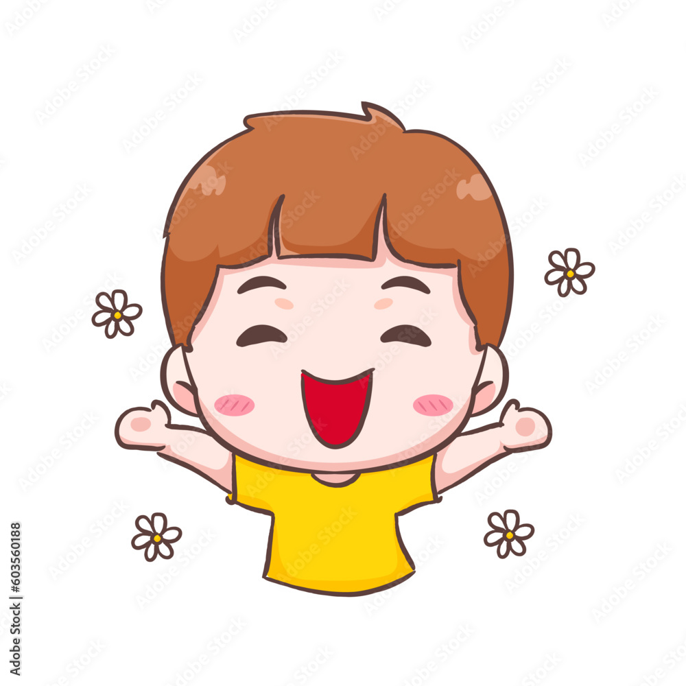 Cute happy kid boy with flower around cartoon character. People expression concept design. Isolated background. Vector art illustration.
