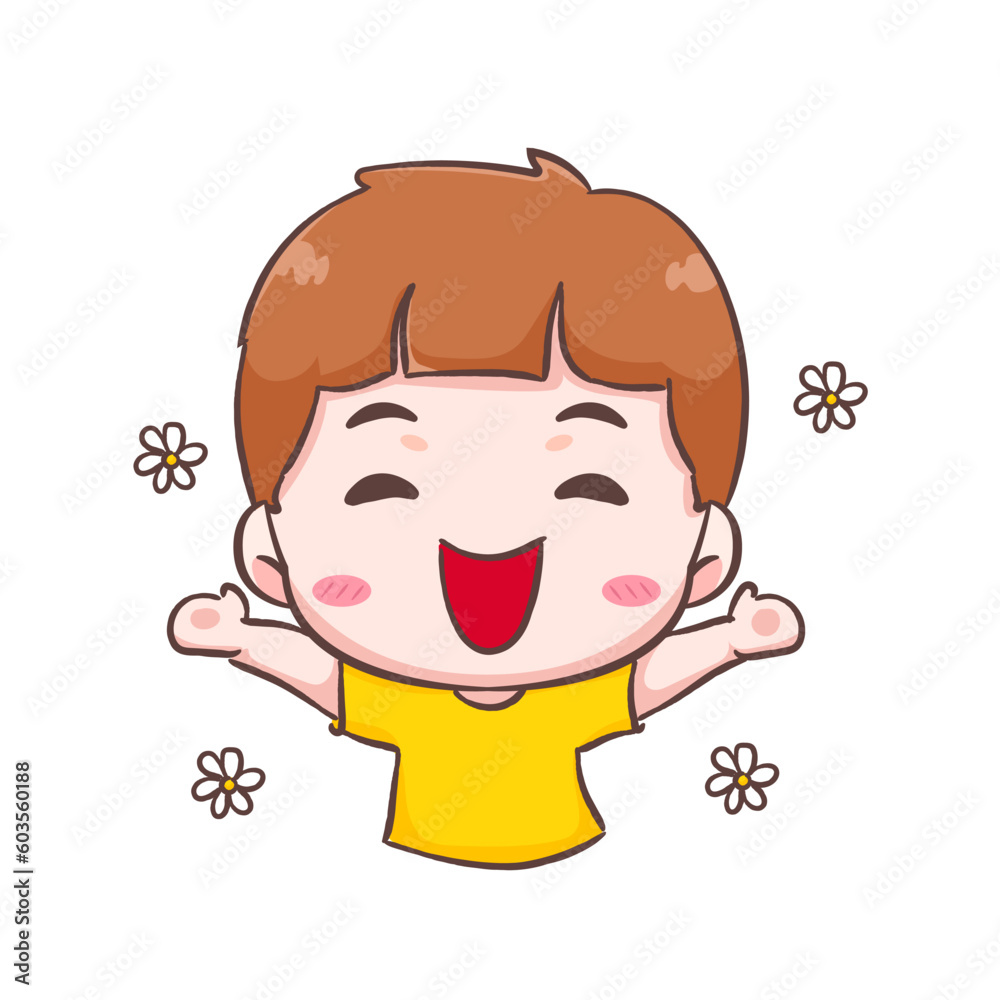 Cute happy kid boy with flower around cartoon character. People expression concept design. Isolated background. Vector art illustration. Cute happy kid boy with flower around cartoon character. People expression concept design. Isolated background. Vector art illustration.