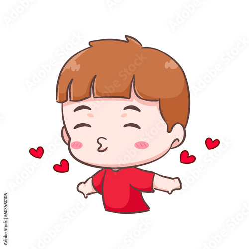 Cute kid boy show love and kiss pose cartoon character. People expression concept design. Isolated background. Vector art illustration.
