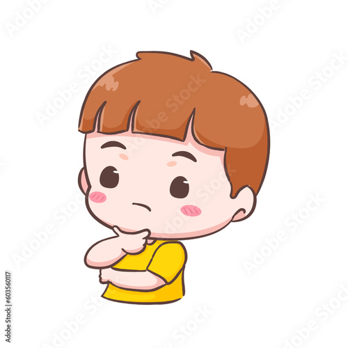 Cute kid boy  thinking cartoon character. People expression concept design. Isolated background. Vector art illustration.