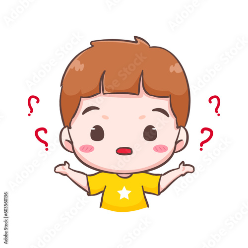 Cute kid boy confused with question mark cartoon character. People expression concept design. Isolated background. Vector art illustration.