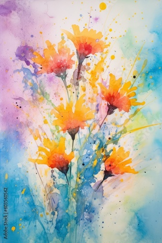 Beautiful colorful wildflowers in a watercolor painted style, splatters, drips and paint stylized flourishes, graphic design asset, generative ai
