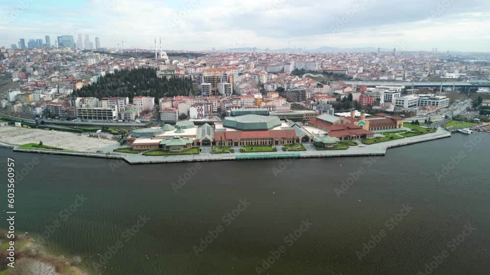 Centered drone shot of Halic Congress Center in Istanbul circling around Centered drone shot of Halic Congress Center in Istanbul circling around
