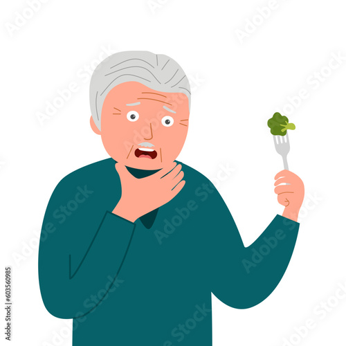 Senior man with difficult swallowing in flat design on white background.