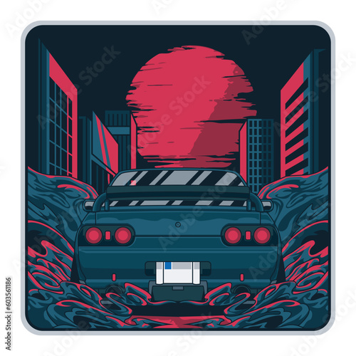 Dark city moon car illustration. Vector graphics for t-shirt prints and other uses.