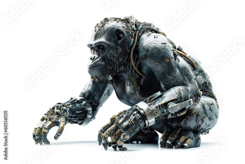 Image of a gorilla modified into a robot on a white background. Wild animal. illustration, generative AI. © yod67