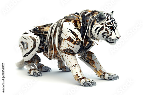Image of a tiger modified into a electronics robot on a white background. Wildlife Animals. Illustration, Generative AI. © yod67