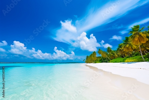 A captivating top view of Maldives island's tropical beach, highlighting its pristine white sand, turquoise waters, and palm trees swaying in the gentle breeze. Generative Ai