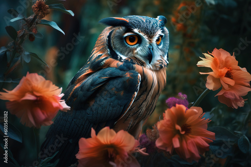 Image of brightly colored owl with colorful tropical flowers. Wild Animals. Birds. illustration. Generative AI.