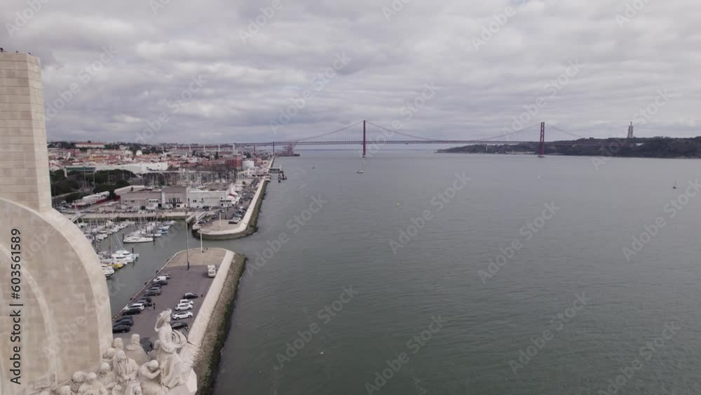 Aerial view from monument Padrão dos Descobrimentos towards the 25 de Abril Bridge, Lisbon, Portugal Aerial view from monument Padrão dos Descobrimentos towards the 25 de Abril Bridge, Lisbon, Portugal