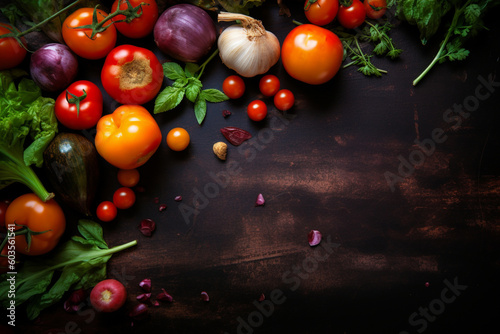 A black background with vegetables and a wooden box with a red tomato on it.