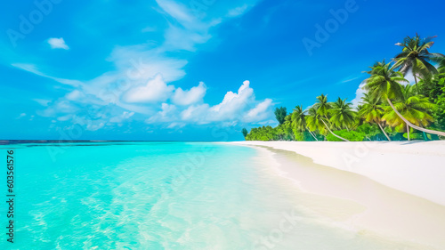 A picture-perfect scene of a tropical beach on Maldives island  with white sand  palm trees  and a vivid turquoise ocean under a blue sky with fluffy clouds. Generative Ai