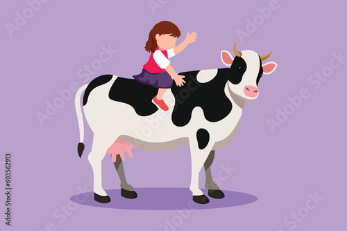Cartoon flat style drawing pretty little girl riding cow at rural. Happy child sitting on back cow with saddle in ranch ground. Kids learning to ride cow at village. Graphic design vector illustration