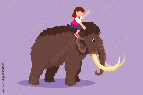 Cartoon flat style drawing bravery little girl caveman riding woolly mammoth. Pretty kids sitting on back of mammoth. Stone age children playing. Ancient human life. Graphic design vector illustration