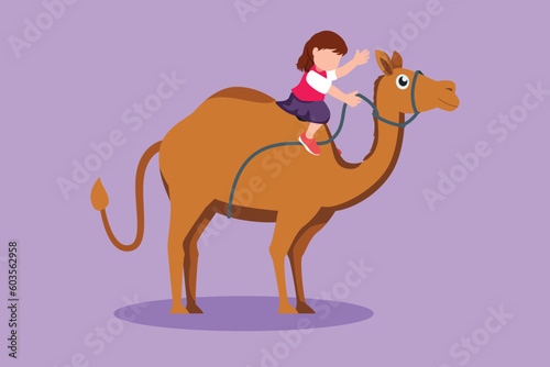 Graphic flat design drawing happy little girl riding camel in Arabian desert. Child sitting on hump camel with saddle in desert. Adorable kids learning to ride camel. Cartoon style vector illustration