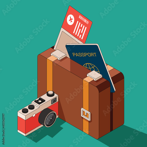 Summer time and happy holiday concept decorative with travel equipment isometric flat design style