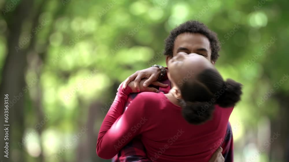 Love, kiss and happy with black couple in park for romance, happiness and summer break. Bonding, affection and hug with man and woman on date in nature garden for laughing, playful and peace Love, kiss and happy with black couple in park for romance, happiness and summer break. Bonding, affection and hug with man and woman on date in nature garden for laughing, playful and peace