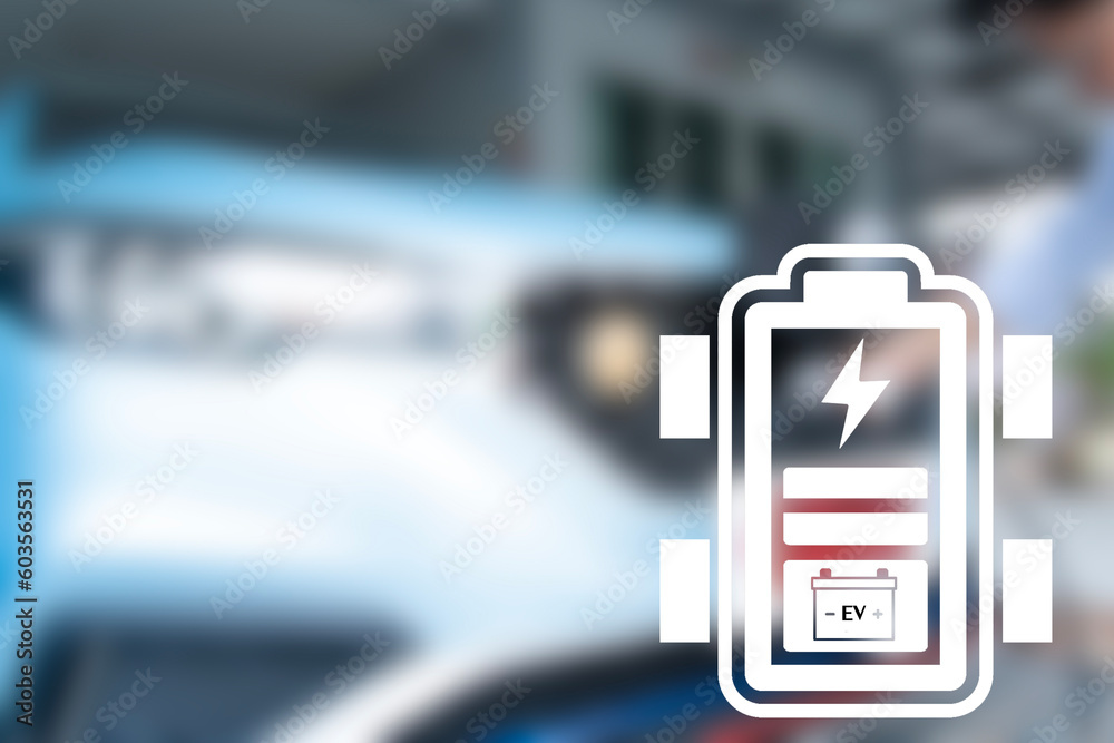 Battery icon symbol electric car on the blurred background of electric cars